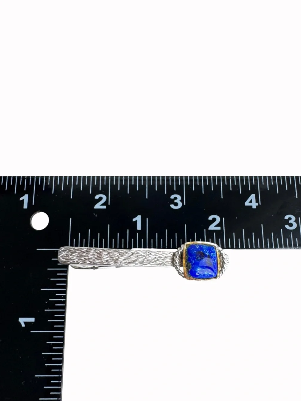 Vintage Cobalt Blue Cloisonne Tie Clip Silver Tone Textured Enamel Bar Groom